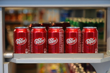SALZBURG, AUSTRIA - AUGUST 4, 2022: Dr Pepper beverage in a specialty food store with American products in Salzburg, Austria.のeditorial素材