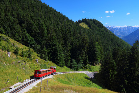 Schafberg mountain in Salzkammergut region of Austria. Schafberg rack railway (cog railway) line.の写真素材