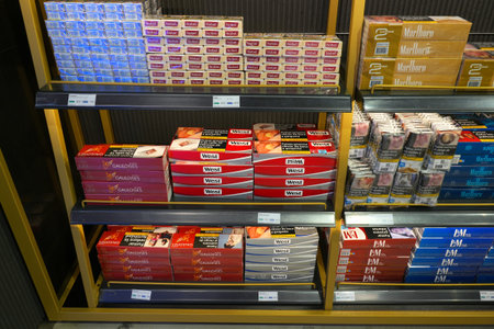 VALENCIA, SPAIN - JANUARY 6, 2026: Cigarette cartons wholesale in a duty free shop of Valencia...