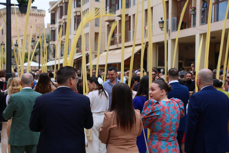 ELCHE, SPAIN - APRIL 13, 2025: Procession with palma blanca traditional bleached palm leaf...