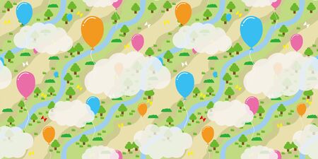 Balloon and Landscape background. Seamless pattern. Vector.のイラスト素材