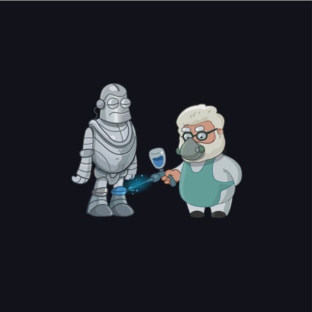 Professor character paint robot. Professor invent. Vector illustrationのイラスト素材