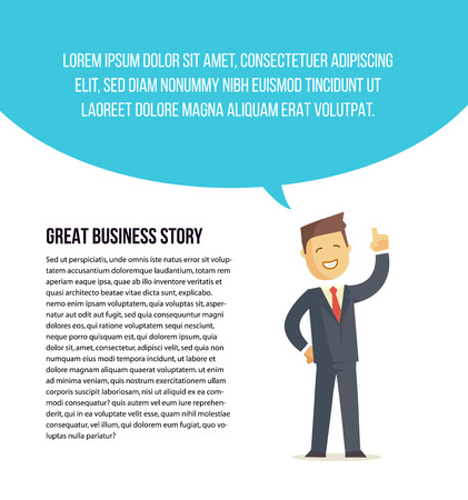 Businessman character says bubble. Vector illustration. Banner or articleのイラスト素材