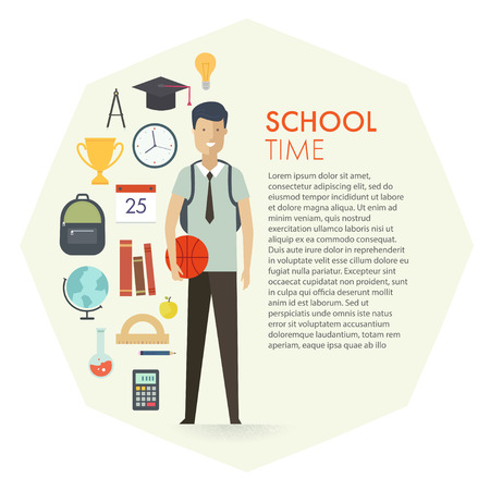 Set of school objects and student character. Education background. Flat design. Education. Title textのイラスト素材