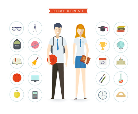 Set of school objects and couple student characters. Schoolboy and schoolgirl. Education background. Flat design. Icon setのイラスト素材