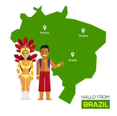 Brazil couple in national costumes on a background map of Brazil. Travel Concept. Flat Vector illustrationのイラスト素材