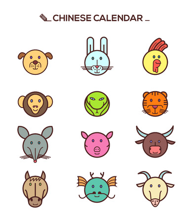 Black round line icon set of Chinese zodiac animalsのイラスト素材