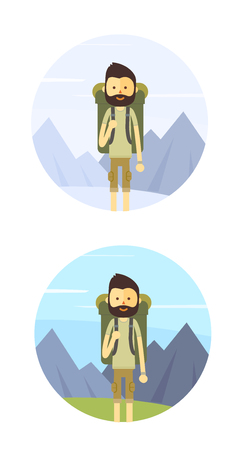 Flat cartoon hiking man. Modern minimalistic flat vector style.のイラスト素材