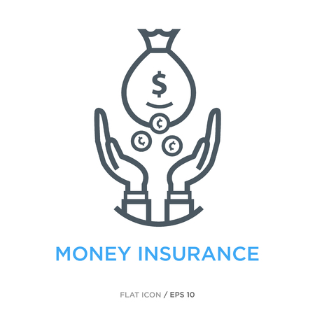 Hands catching falling coins as money insurance symbol. Simple line flat icon.のイラスト素材