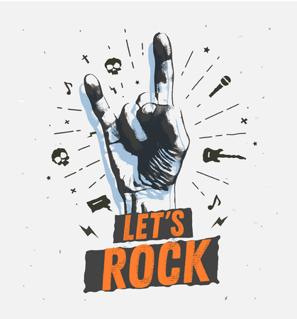 monochrome antique hipster vintage label , badge, crest rock and roll for flyer poster logo or t-shirt apparel clothing print with lettering hand and lightningのイラスト素材