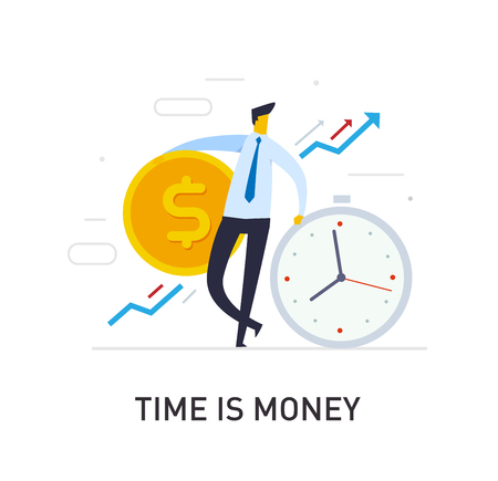 Businessmen hold a huge dollar coin relies on clock. Way to success, exchange rate. Business concept. Vector eps10.のイラスト素材