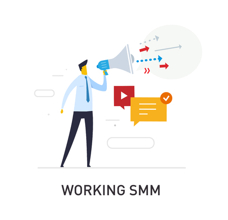 Businessman with megaphone looking to the future. growth charts. Success, growth rates. Work flow, growth, graphics. Business development, milestones. Landing page site print poster. Vector illustration Eps10 file. Success, growth ratesのイラスト素材