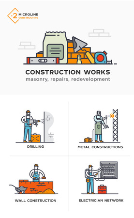 Builders, masonry, metal structures, electricity, walls. Stages of construction. lined icon icons. Advertising booklet site infographic Vector illustrationのイラスト素材