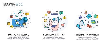 Set of illustrations concept with business concept. Workflow, growth, graphics. Business development, milestones, start-up. linear illustration Icons infographics. Landing page site print poster. Line storyのイラスト素材