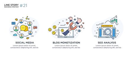 Set of illustrations concept with business concept. Workflow, growth, graphics. Business development, milestones, start-up. linear illustration Icons infographics. Landing page site print poster. Eps vector. Line storyのイラスト素材
