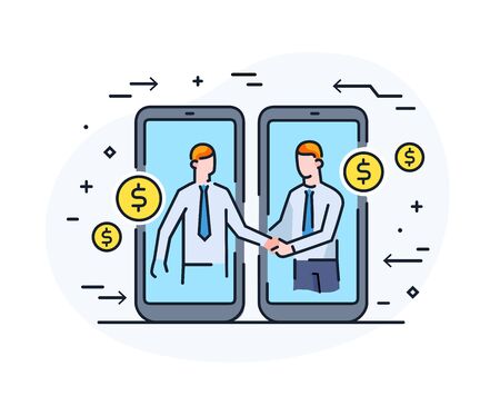Businessmen shake hands with each other. Virtual communication smartphone. Cooperation interaction. Success, Cooperation. line icon illustrationのイラスト素材