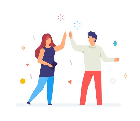 Boy and girl success emotions. Flat illustration Icons infographics. Landing page site print poster.のイラスト素材