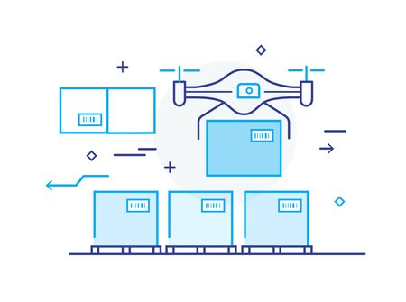 quadrocopter transports goods, package, boxes. Warehouse storage logistics. Line icon illustrationのイラスト素材