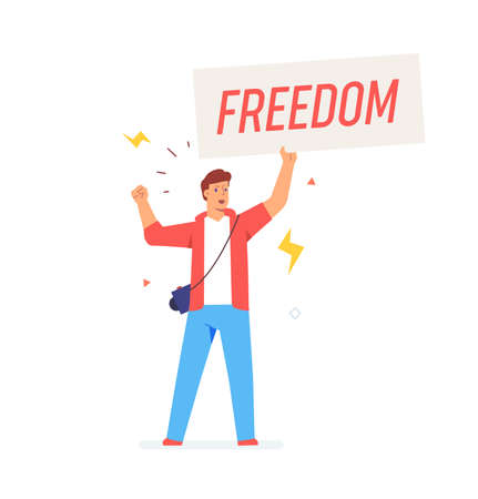 Man protesting with poster. Activist, policy, volunteer, protest. Flat illustration Icons infographics. Landing page site print poster. Eps vector.のイラスト素材