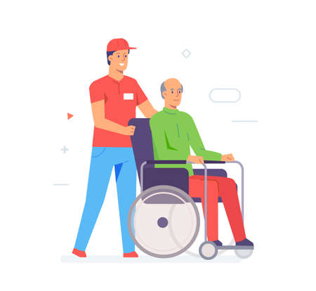 Volunteer caring for an elderly disabled person. Activist, policy, volunteer, protest. Flat illustration Icons infographics. Landing page site print poster. Eps vector.のイラスト素材