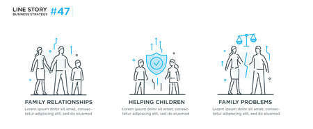 Set of illustrations concept with people family and social issues. linear illustration Icons infographics. Landing page site print poster. Line storyのイラスト素材