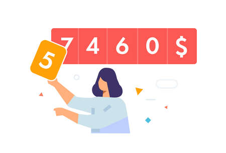 Man puts a discount on the scoreboard illustration. Flat illustration Icons infographics. Landing page site print poster.のイラスト素材
