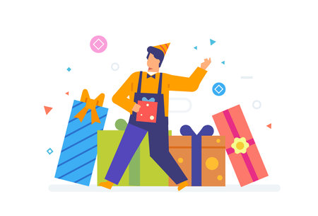 Person receives many gifts illustration. Discounts, holiday, benefit. Flat illustration Icons infographics. Landing page site print poster.のイラスト素材