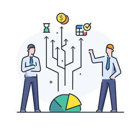 businessmen are looking for a financial strategy. Workflow, growth, graphics. Business development, milestones. linear illustration Icons infographics. Landing page site print posterのイラスト素材