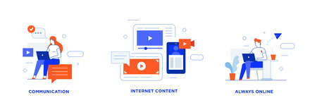 People use gadgets. set of icons, illustration. Smartphones tablets user interface social media.Flat illustration Icons infographics. Landing page site print poster.のイラスト素材