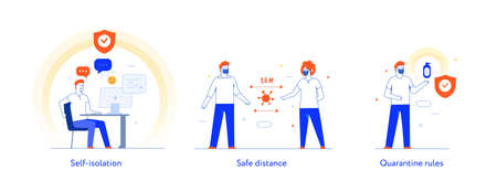 People use gadgets. set of icons, illustration. Quarantine, virus, protection, medicine.Flat illustration Icons infographics. Landing page site print poster.のイラスト素材