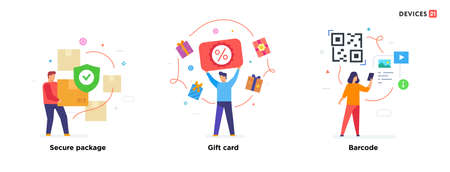 People use gadgets. set of icons, illustration. Smartphones tablets user online store, shopping, ordering, payment by card.Flat illustration Icons infographics. Landing page site print poster.のイラスト素材