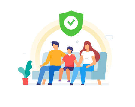 family sitting on the couch, protection, well-being. infographics. Landing page site print poster.のイラスト素材
