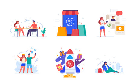People use gadgets. set of icons, illustration. Smartphones tablets user interface social media , vacation, blog, blogger. Flat illustration Icons infographics. Landing page site print poster.のイラスト素材