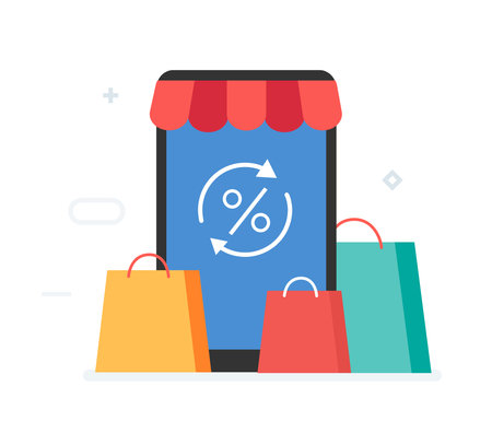Application, discounts, promotion, sale gifts. Smartphones tablets user interface social media.Flat illustration Icons infographics. Landing page site print poster.のイラスト素材