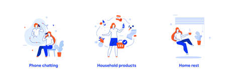 People use smartphones, leisure tourism, health, dream, social networks set of icons, illustration. Smartphones tablets user interface social media.Flat illustration Icons infographics. Landing page site print poster.のイラスト素材