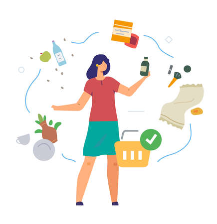 woman purchases goods for the house, home, care, rest, leisure set of icons, illustration. Smartphones tablets user interface social media.Flat illustration Icons infographics. Landing page site print poster. Eps vector.のイラスト素材