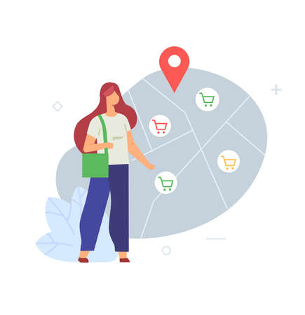 the girl is standing by the map, the location of shopping places and shops tourism, health, social networks set of icons, illustration. Smartphones tablets user interface social media.Flat illustration Icons infographics. Landing page site print poster. Eps vector.のイラスト素材