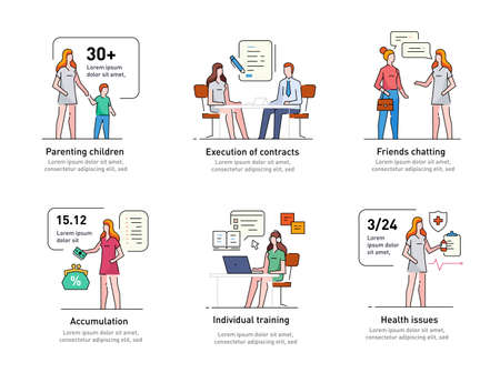 Girl woman various life issues and affairs. Family, relationships, convenience, work, home. Infographics, line, advertising, banner, videoのイラスト素材