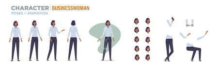 businesswoman character for animation. Creation set with various views, face emotions, poses and gestures.のイラスト素材