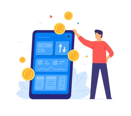 Man earns money, smartphone, mining, exchange, online. Smartphones tablets user interface online shopping.Flat illustration Icons infographics. Landing page site print poster.のイラスト素材