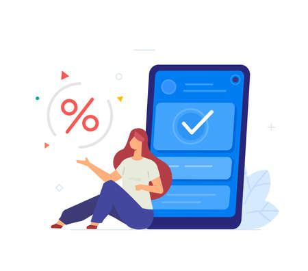 girl uses smartphone on favorable terms. Mobile earnings, investments, charts, mining. Flat illustration Icons infographics. Landing page site print poster.のイラスト素材