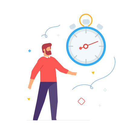 A man stands next to the clock, time, productivity, icon, illustration. Smartphones tablets user interface social media.Flat illustration Icons infographics. Landing page site print poster.のイラスト素材