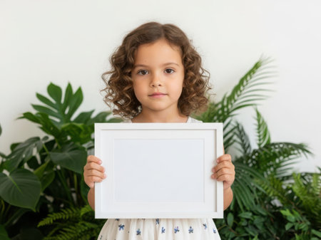 A young girl with curly hair stands in a lush indoor garden, holding a blank white frame in front of her.の素材