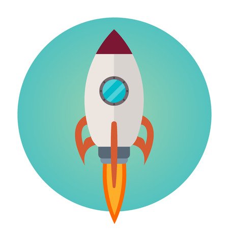 Rocket ship in a flat style.Vector illustration with 3d flying rocket.Space travel to the moon.Space rocket launch.Project start up and development process.Innovation product,creative idea.Management.のイラスト素材