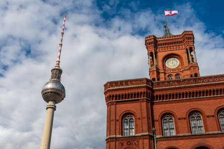 Berlin, Germany / July 12 2020: Berlin City Hall and Berlin Television Tower are iconic buildings. There both isolated in the same shot.のeditorial素材
