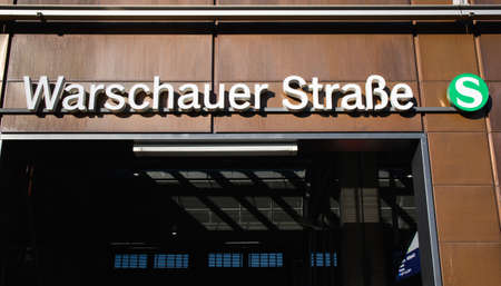 Berlin, Germany - Feb 21, 2021: Entrance and sign of Warschauer StraÃe S-Bahn train stationのeditorial素材