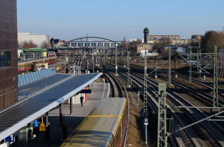 Berlin, Germany - Feb 21, 2021: Top view of Warschauer StraÃŸe train station and the rail tracks