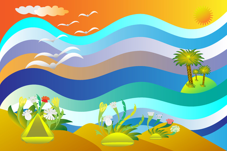 Colorful sea, seagulls and houses in flowers.のイラスト素材
