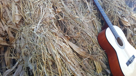 Music instrument guitar leaning on the haystackの写真素材