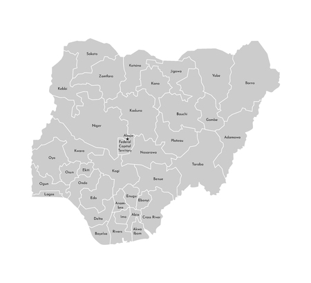 Vector isolated illustration of simplified administrative map of Nigeria. Borders and names of the provinces (regions). Grey silhouettes. White outline.のイラスト素材